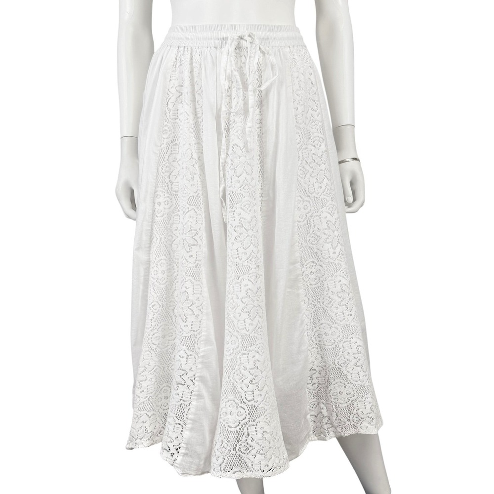 Kings Road White Lace Panel Midi Skirt Boho Cottagecore Elastic Waist Small